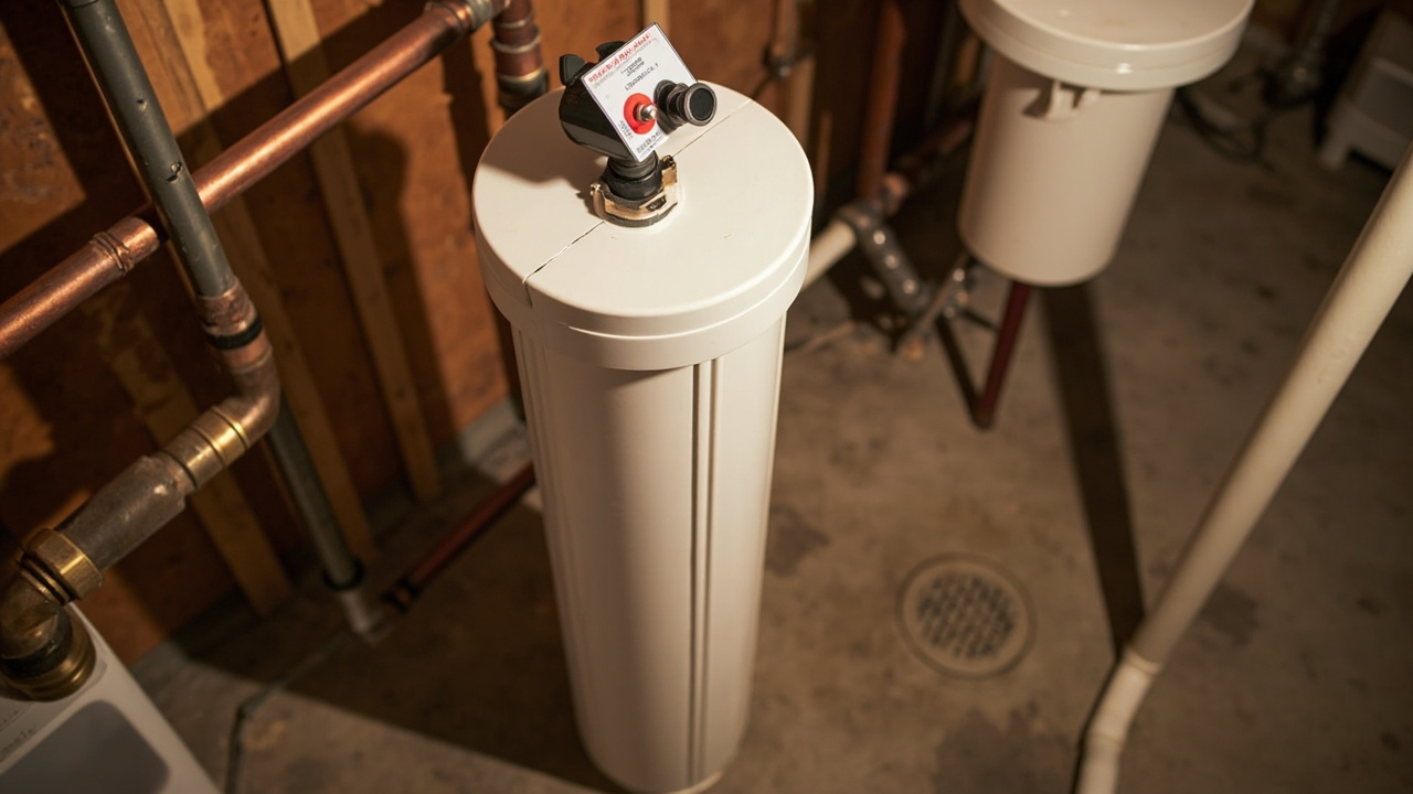 whole-house iron filter installed on a well-water main line with a backwash drain going to a floor drain