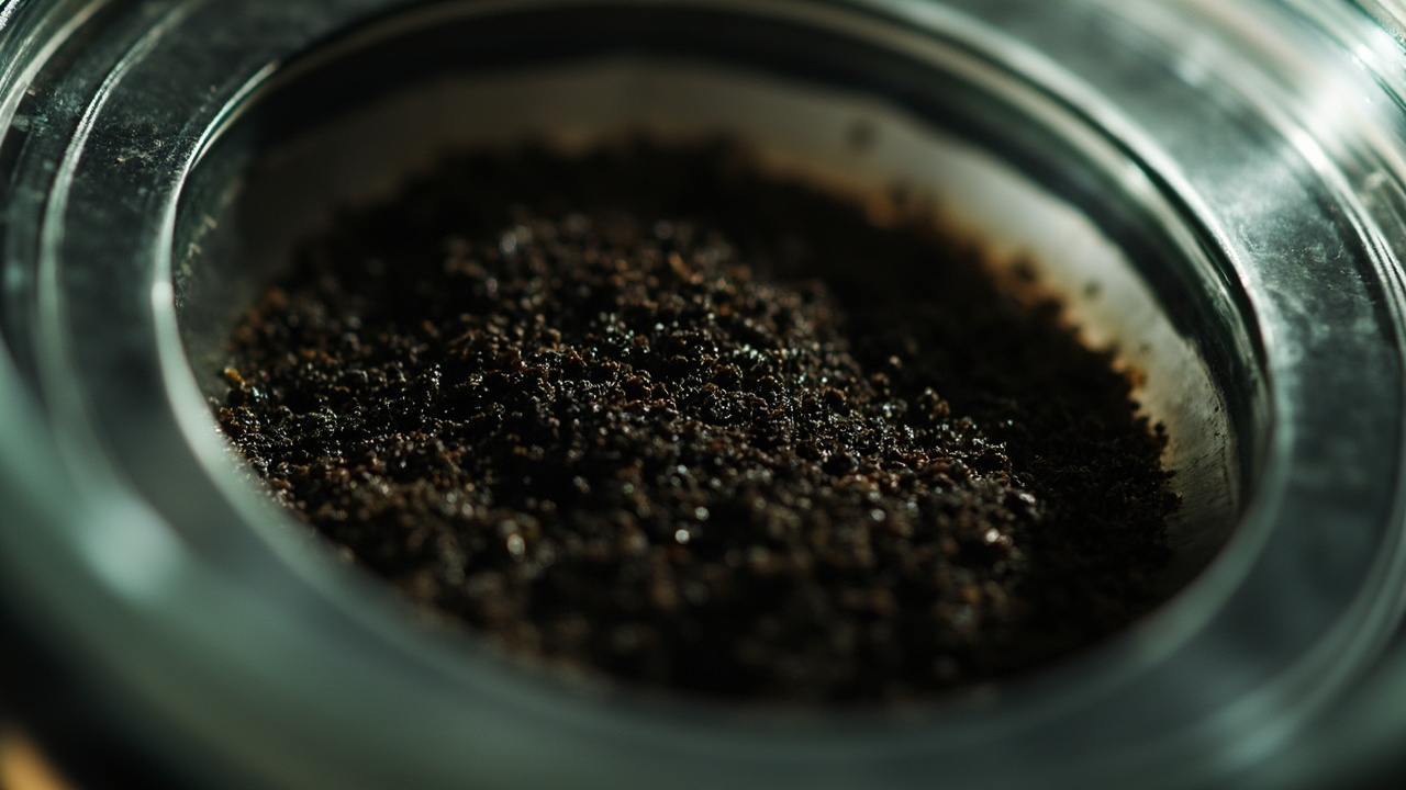 iron filter media bed close-up showing dark birm or greensand granules inside the filter housing