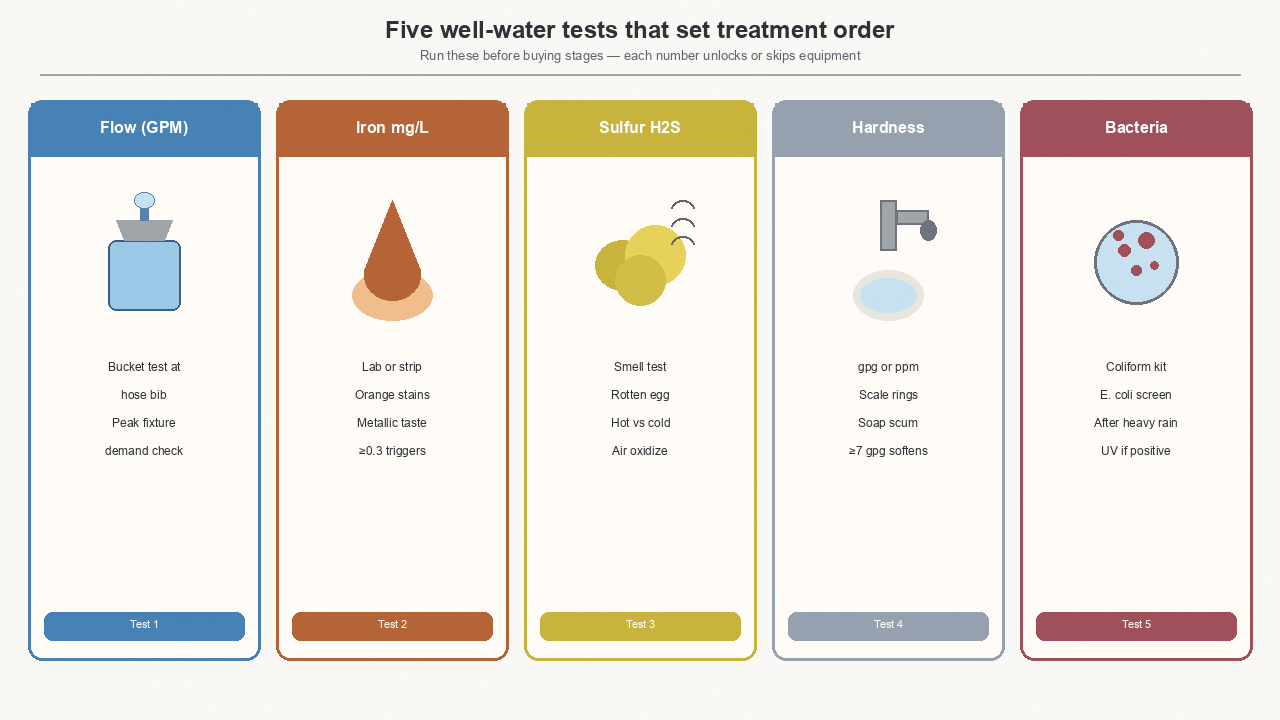 Five well-water tests that set treatment order: flow, iron, sulfur, hardness, bacteria