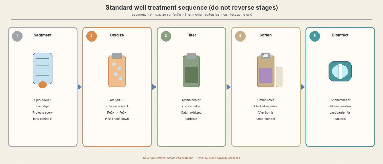 Well treatment sequence diagram: sediment, oxidize, filter, soften, then UV or chlorine