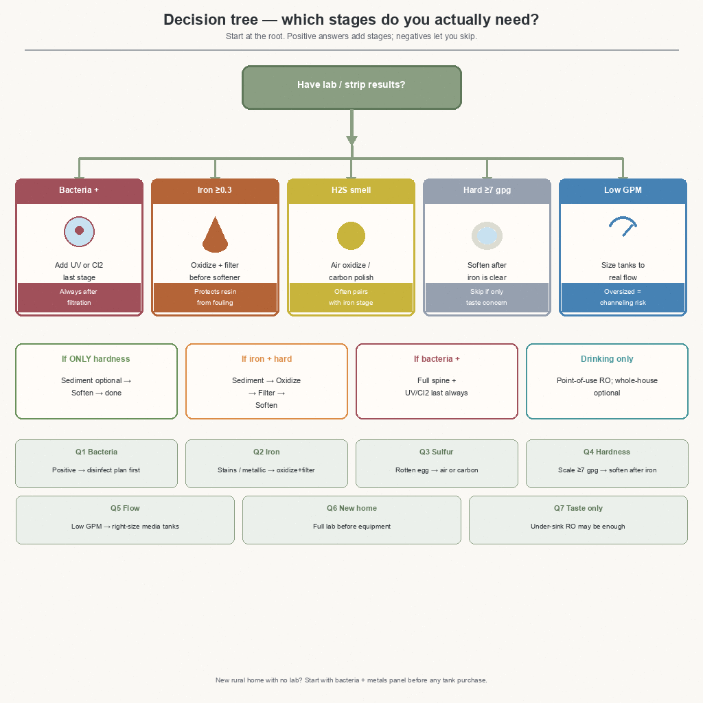 Decision tree branches for bacteria, iron, sulfur, hardness, and well flow