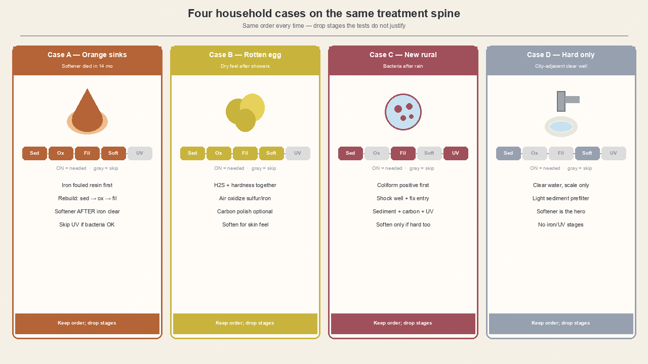 Four household cases mapped to the same treatment spine with stages dropped when tests allow