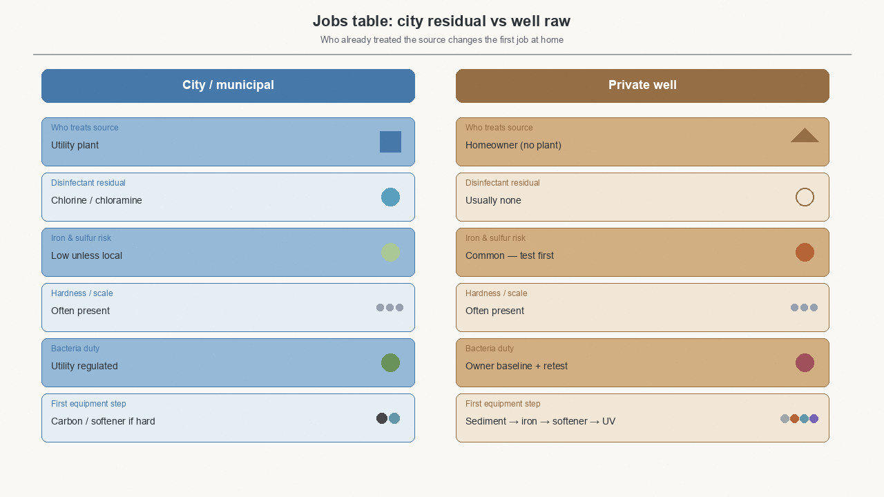 side-by-side comparison of municipal treated water residual versus private well raw water treatment duties