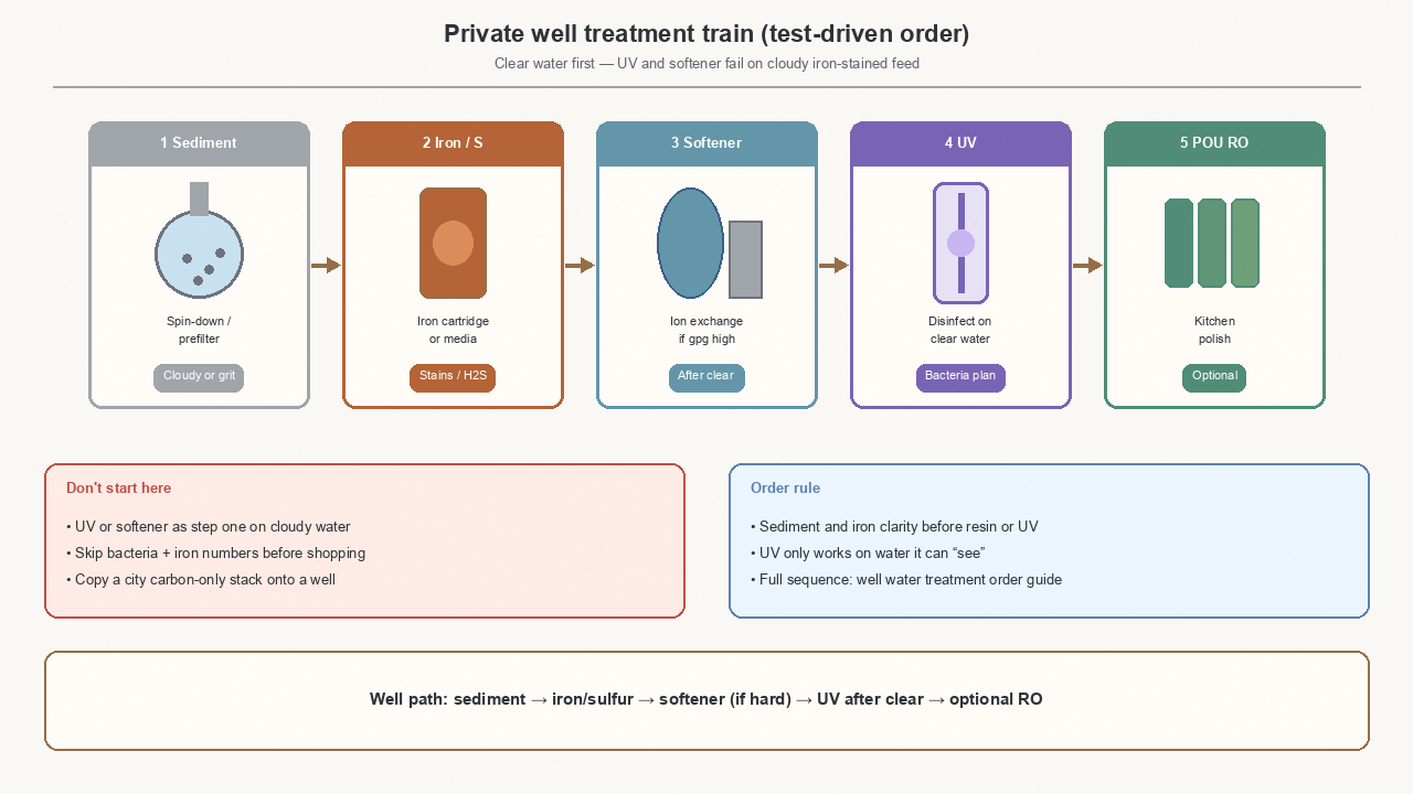 private well treatment train sediment then iron then softener then UV on clear water
