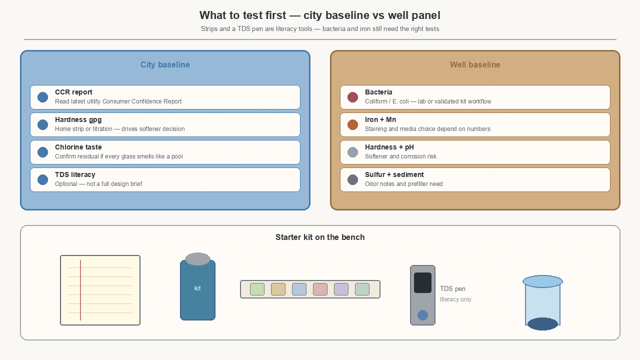 home water test strips and TDS pen next to a notebook for well versus city baseline panels