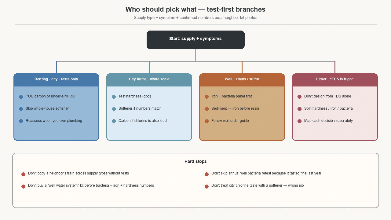 decision branches for renters city scale homes and private wells with test-first gear paths