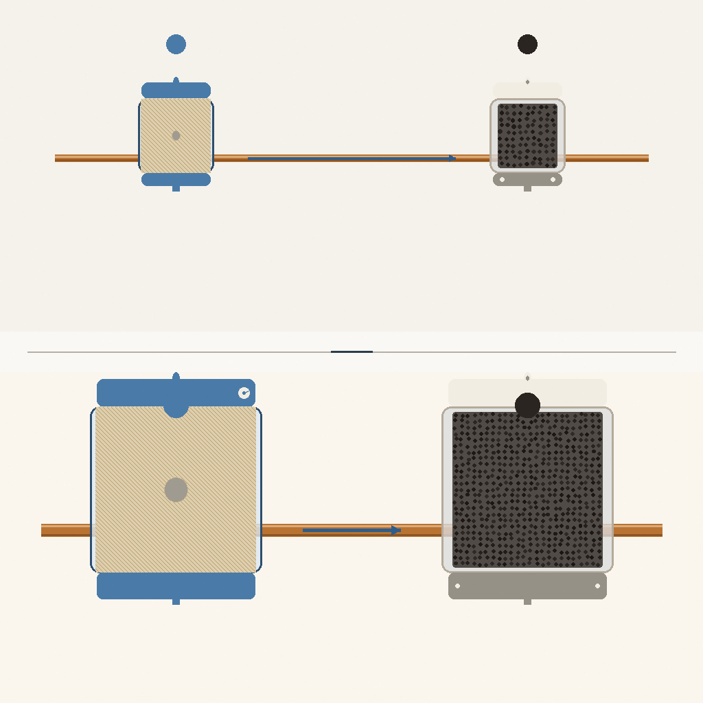 two configurations of the same filter rack: 5-micron sediment first then Big Blue GAC, with water flow arrows on both stages