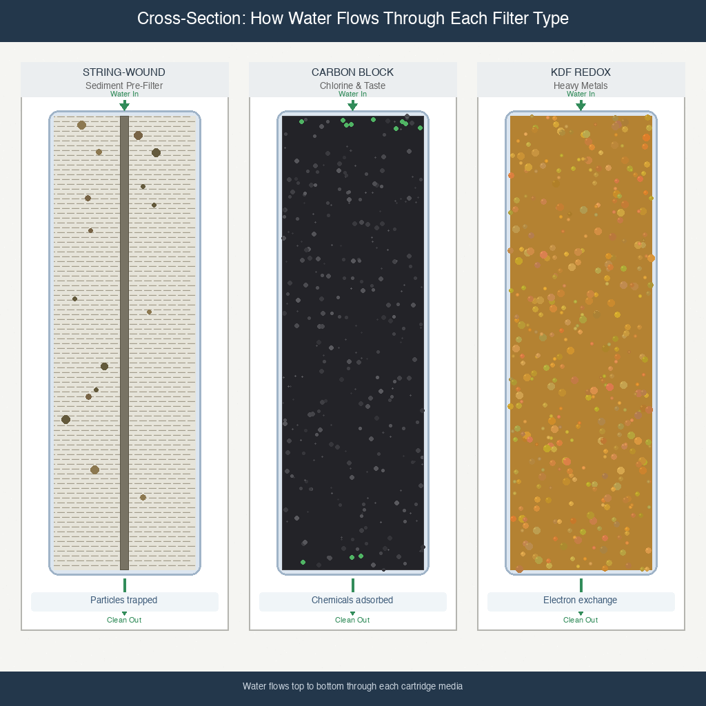 cross-section diagram of three filter types showing water flow through string-wound, carbon block, and KDF media