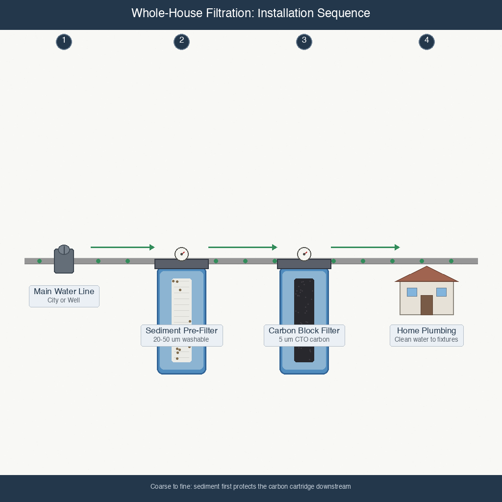 whole-house filtration system diagram showing installation sequence from main line through filter housings to home plumbing