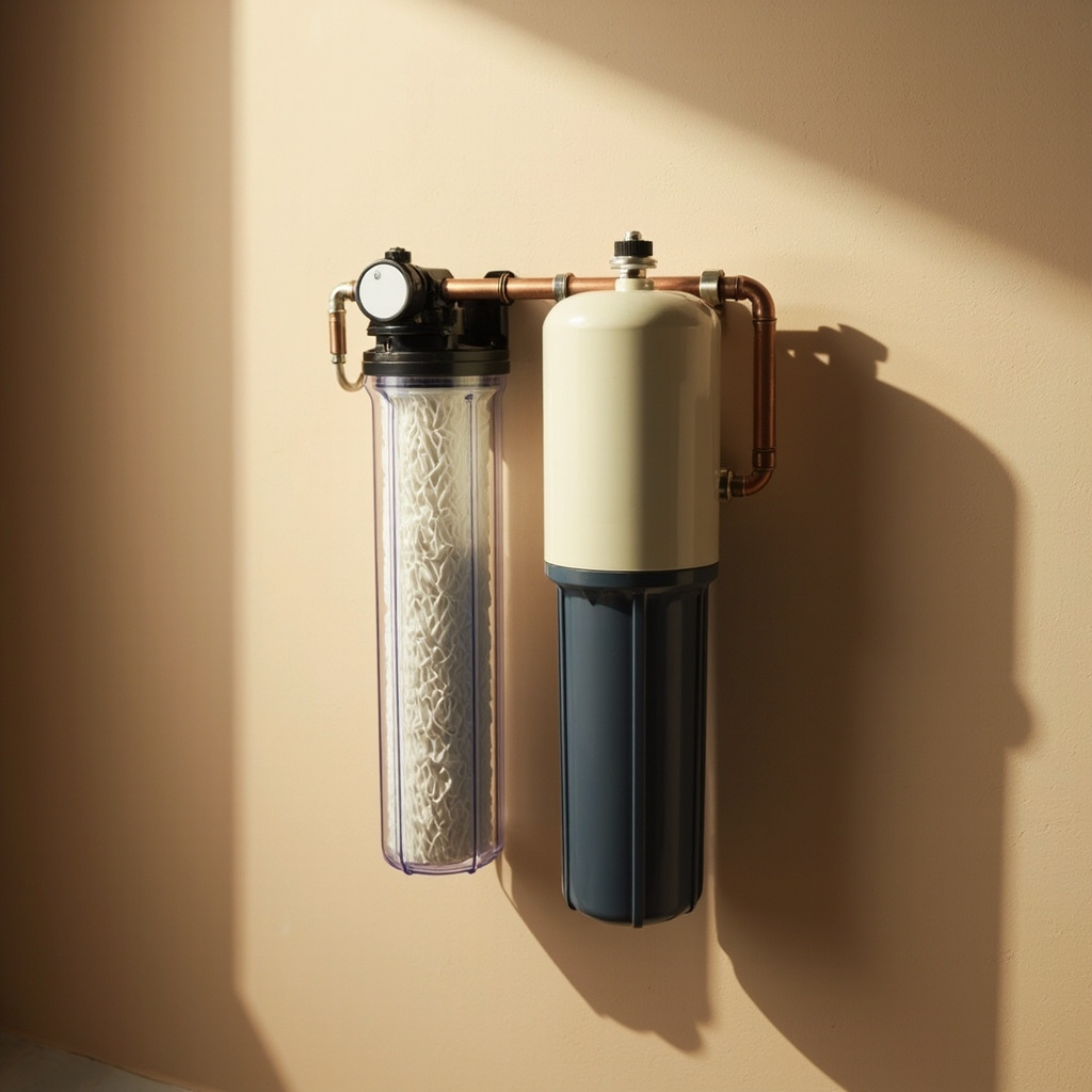 side-by-side diagram of a whole-house filter housing and a water softener resin tank on the same main line