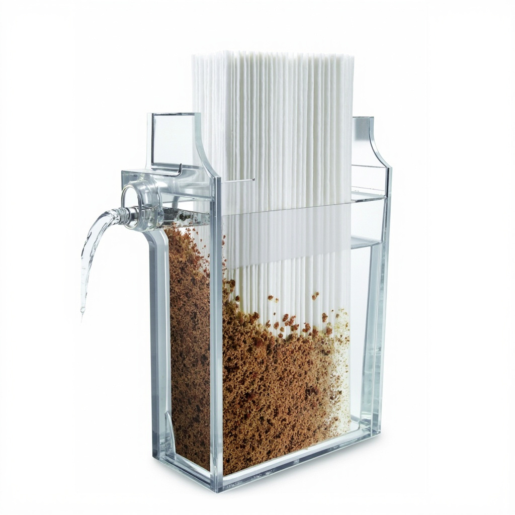 cutaway of a whole-house filter housing showing a pleated sediment cartridge catching rust and sand