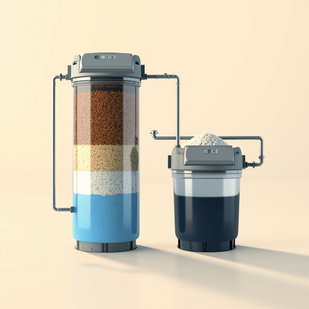 cross-section of a softener resin tank beside a brine tank, showing hardness minerals trading places with sodium