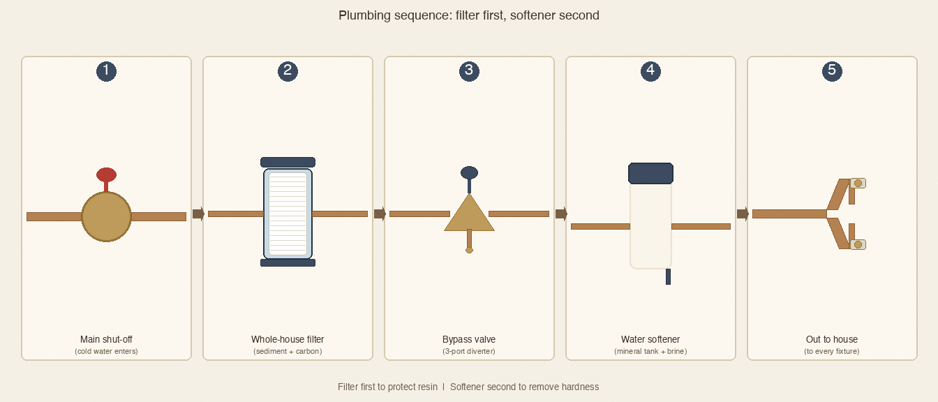 plumbing sequence diagram: main shut-off, whole-house filter, softener bypass, softener, then out to the house