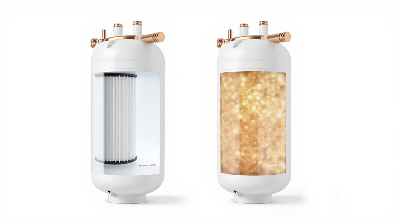 side-by-side cross-section of a cartridge filter housing next to an ion-exchange softener tank
