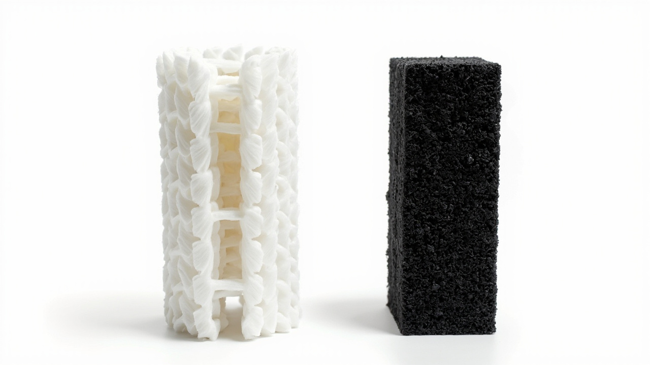 cross-section of a white spun sediment cartridge beside a black activated carbon block
