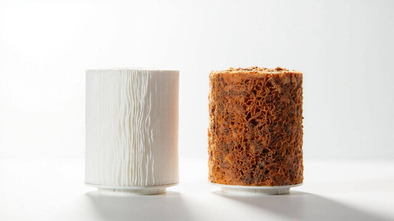 clean beige sediment cartridge beside a brown rust-clogged cartridge ready for replacement