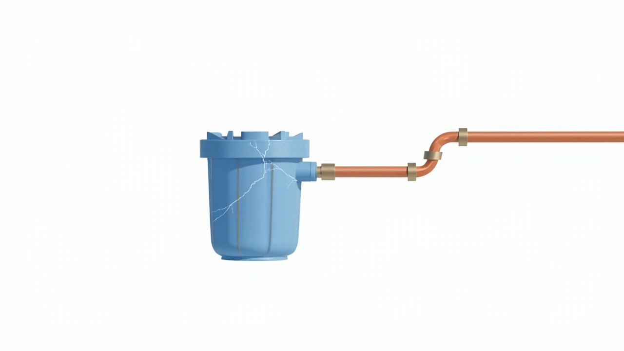 water filter housing installed without a bypass valve showing cracks from freeze damage