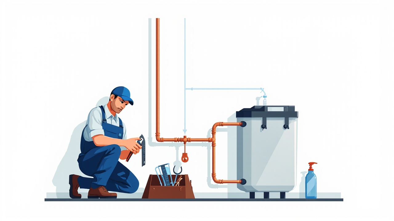 licensed plumber using a pipe wrench on copper fittings near a whole-house filter