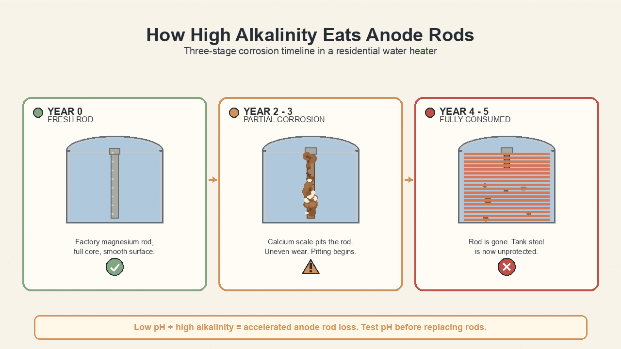 Three-panel diagram showing fresh magnesium anode rod, partial corrosion, and fully consumed rod