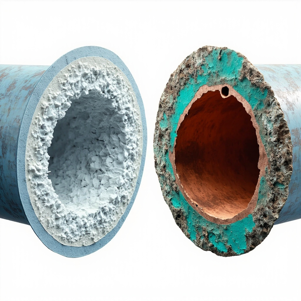 Side-by-side pipe cross-sections: white calcium scale vs green copper pitting corrosion