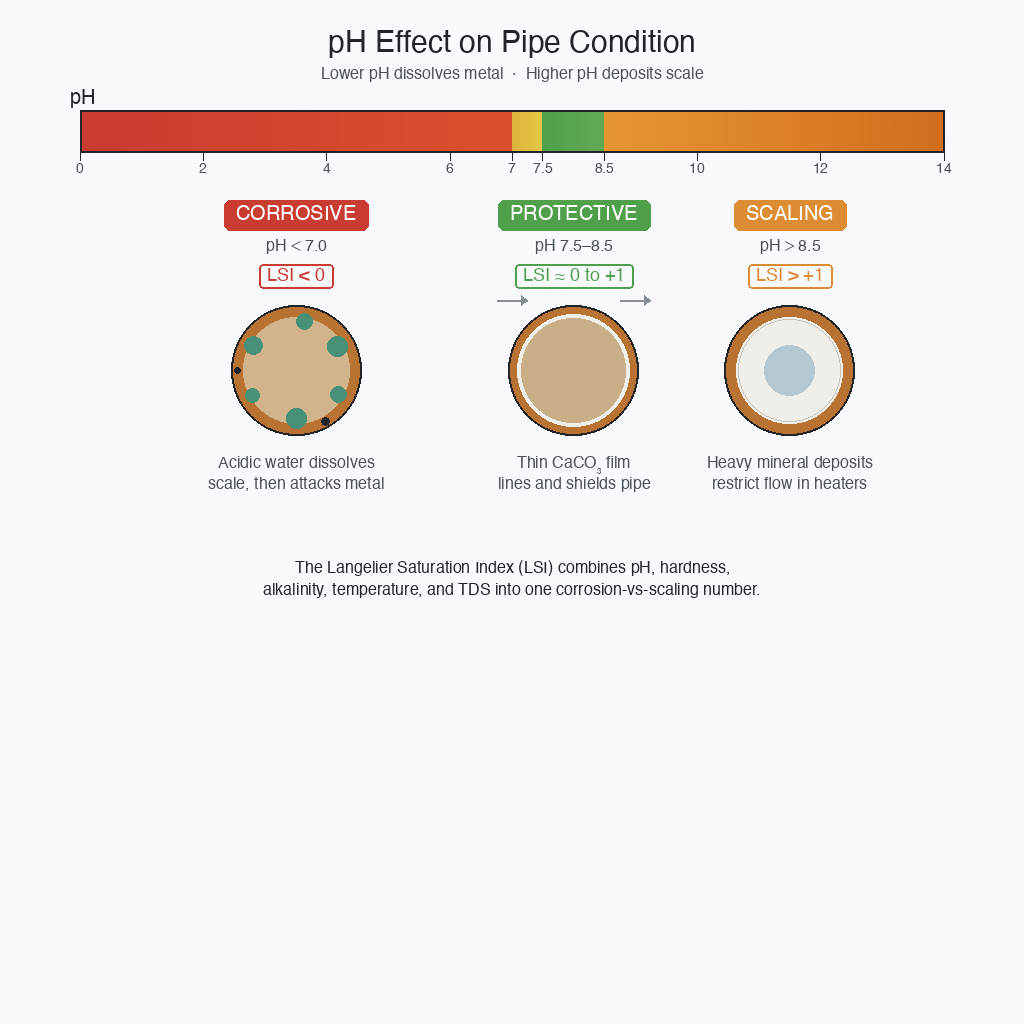 pH scale 0-14 showing corrosive zone, protective zone 7.5-8.5, and scaling zone with LSI indicators