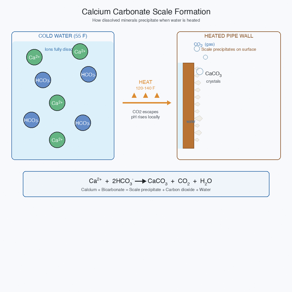 Molecular diagram: Ca2+ and HCO3- ions precipitate as CaCO3 scale when heated on pipe surface