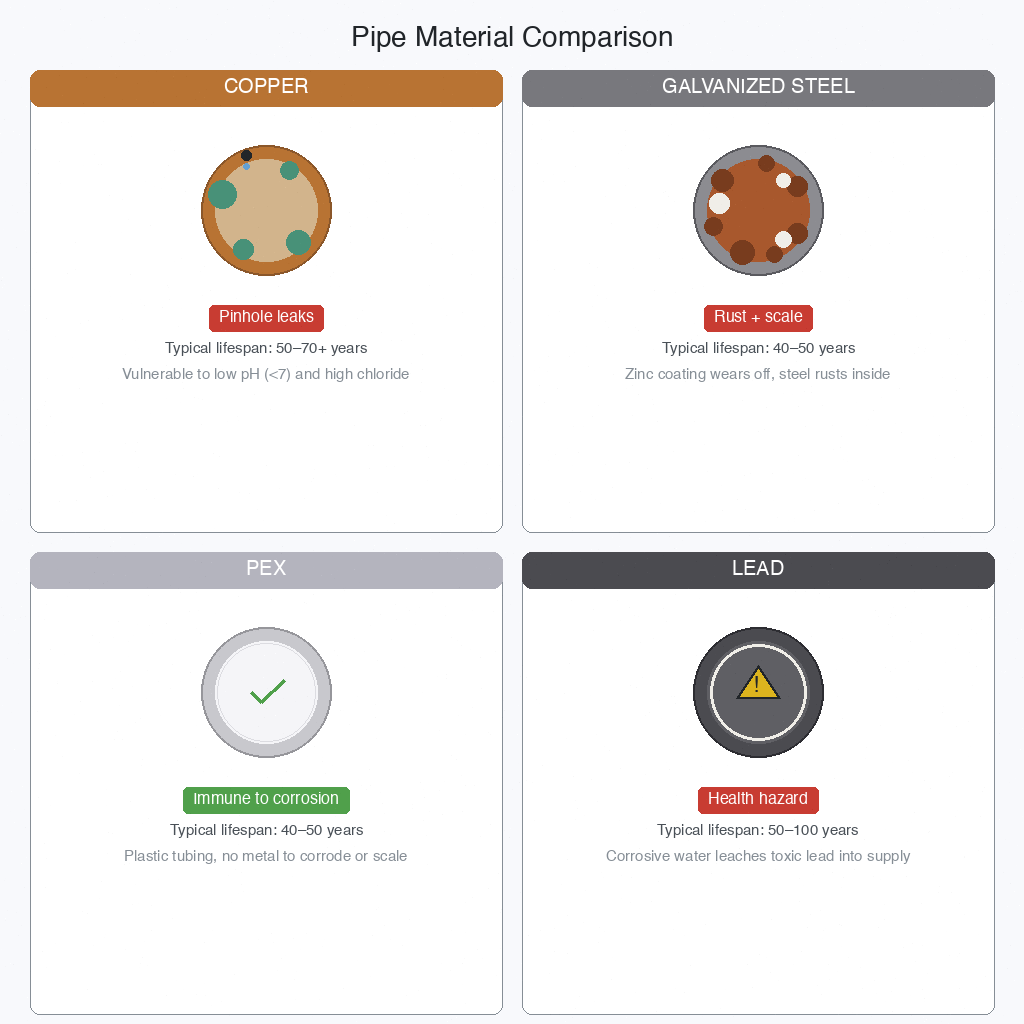 Four pipe materials compared: copper with pinholes, galvanized with rust, PEX, and lead