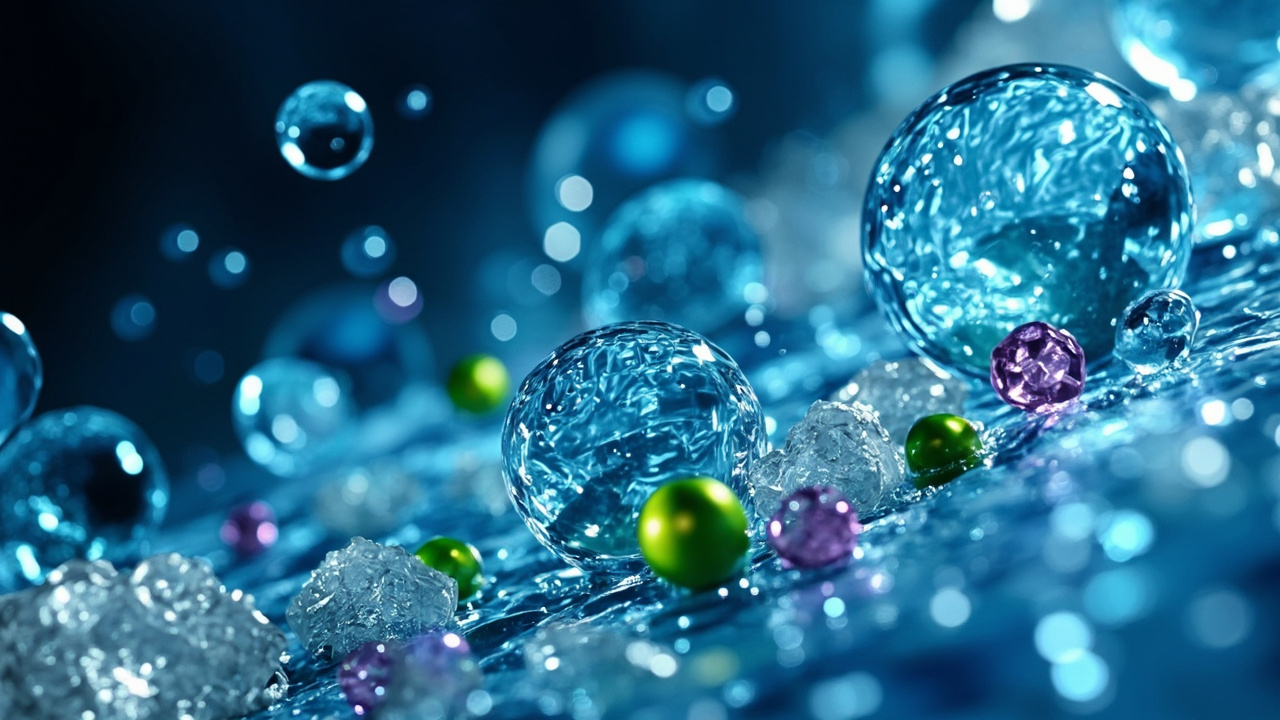 scientific illustration of dissolved calcium and magnesium ions among water molecules at molecular scale