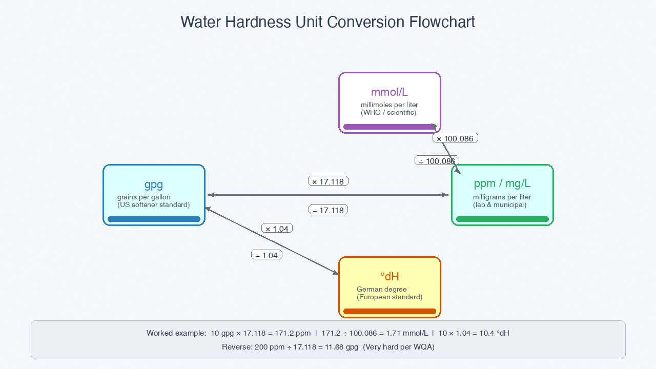 water hardness unit conversion flowchart showing exact factors between gpg, ppm, mmol/L, and degrees dH