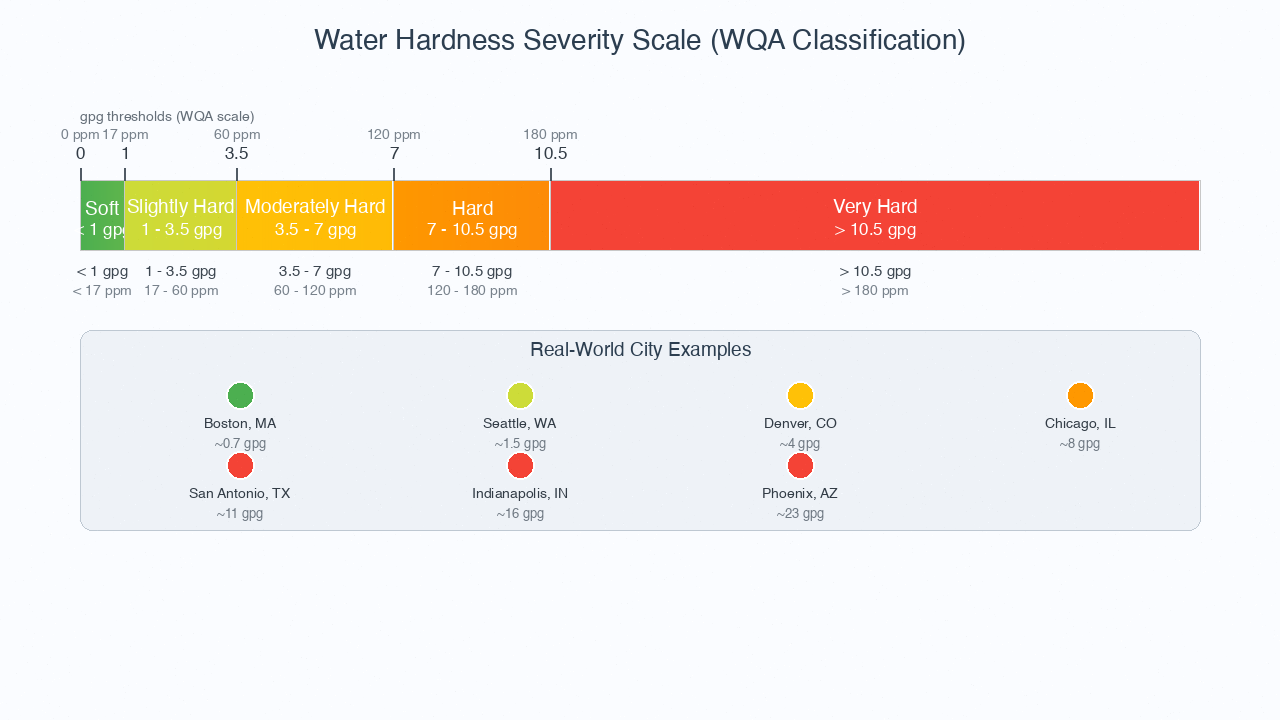 color-coded water hardness severity scale bar from soft green to very hard red with gpg and ppm thresholds
