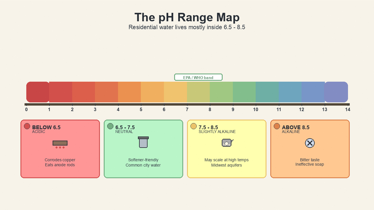 pH range chart 0-14 with residential-relevant zones 6.5-8.5 highlighted and labeled 'softener friendly'