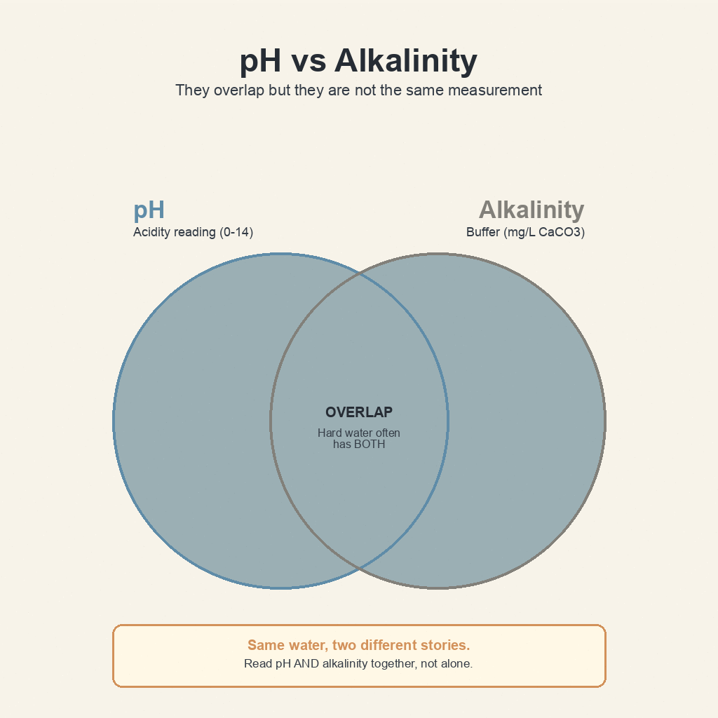 Venn diagram of pH vs alkalinity, showing they overlap but are not the same measurement