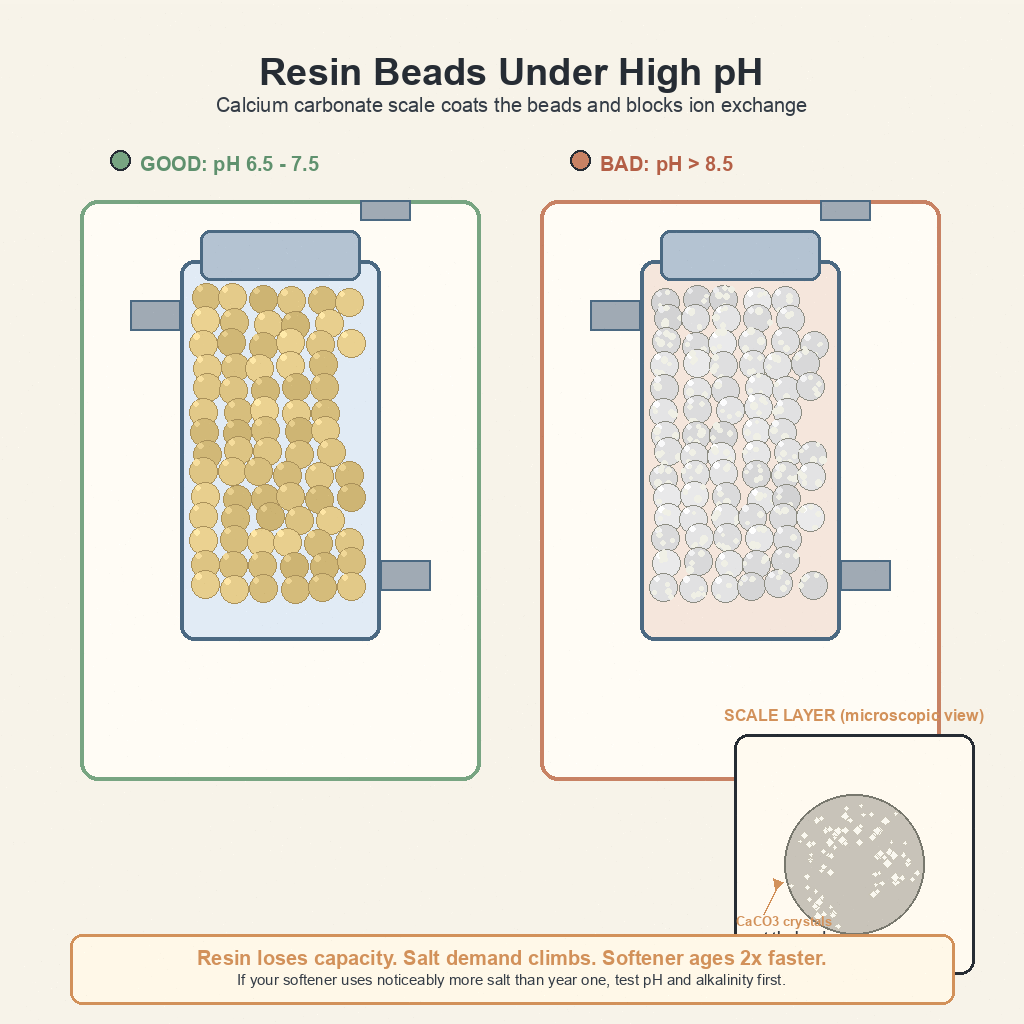 Cross-section diagram of softener resin beads showing calcium carbonate scale fouling under high pH