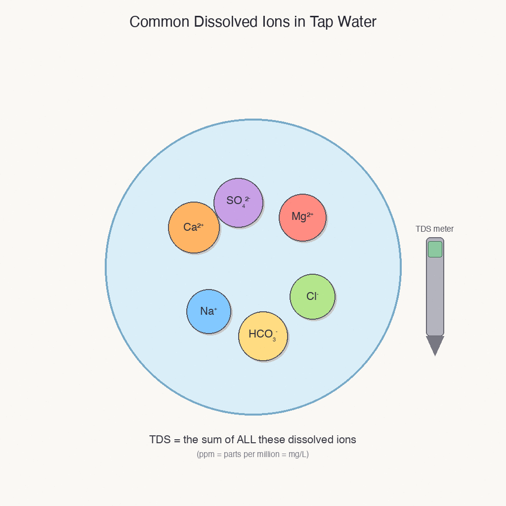 Cross-section showing common dissolved ions in tap water as labeled colored circles: Ca²⁺, Mg²⁺, Na⁺, Cl⁻, SO₄²⁻, HCO₃⁻