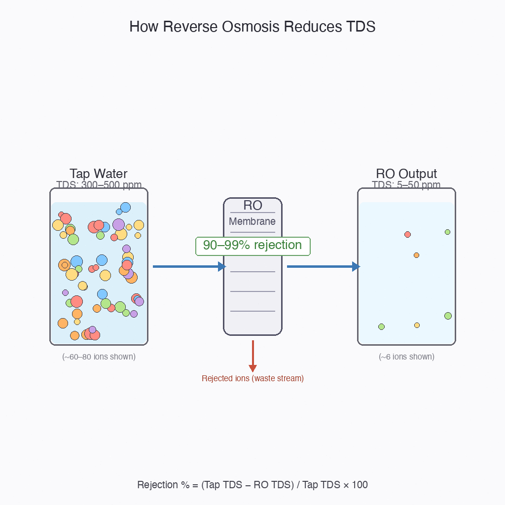 RO before-after diagram showing tap water with many ions reduced to few ions after membrane filtration