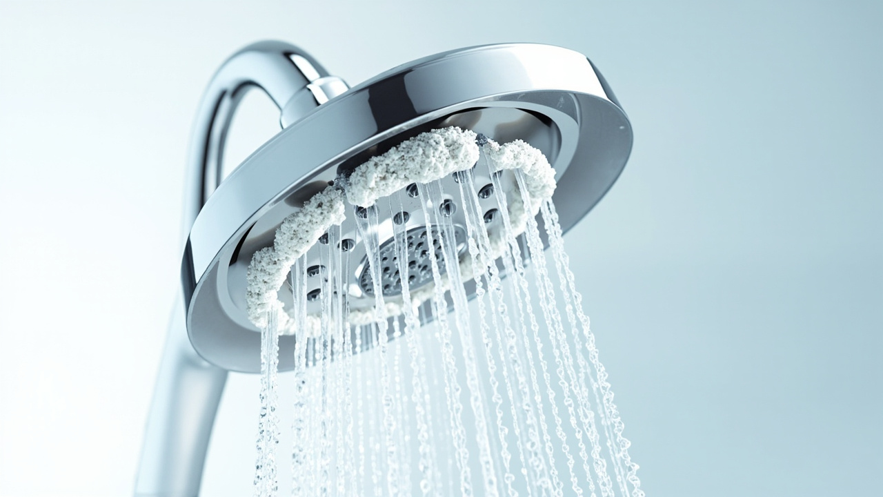 white chalky calcium scale buildup around a chrome shower head nozzle
