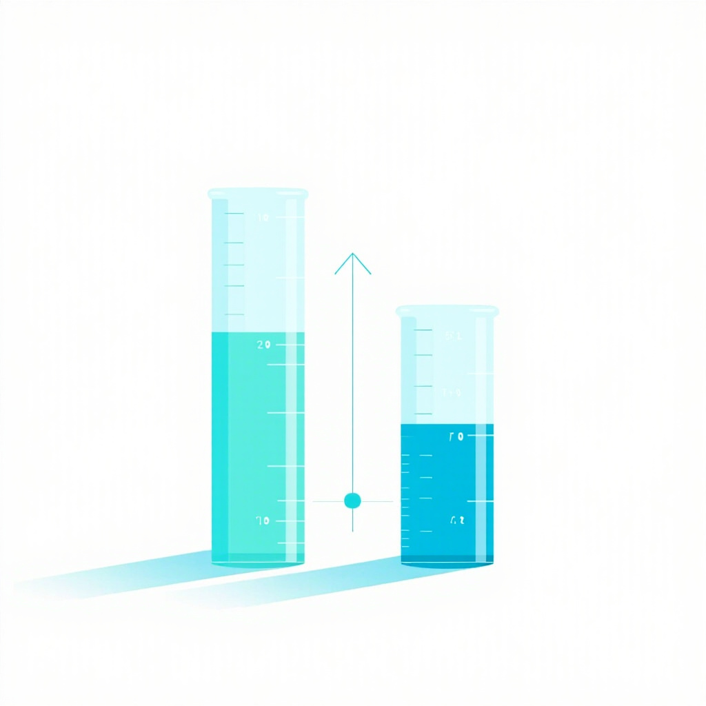 two measuring cylinders with clear water at different levels connected by an arrow