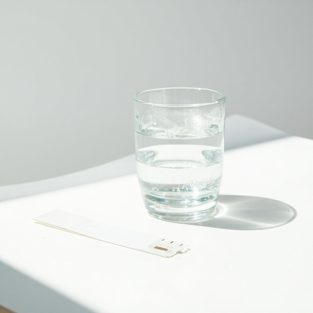 a clear glass of tap water next to a plain white testing strip on a white surface