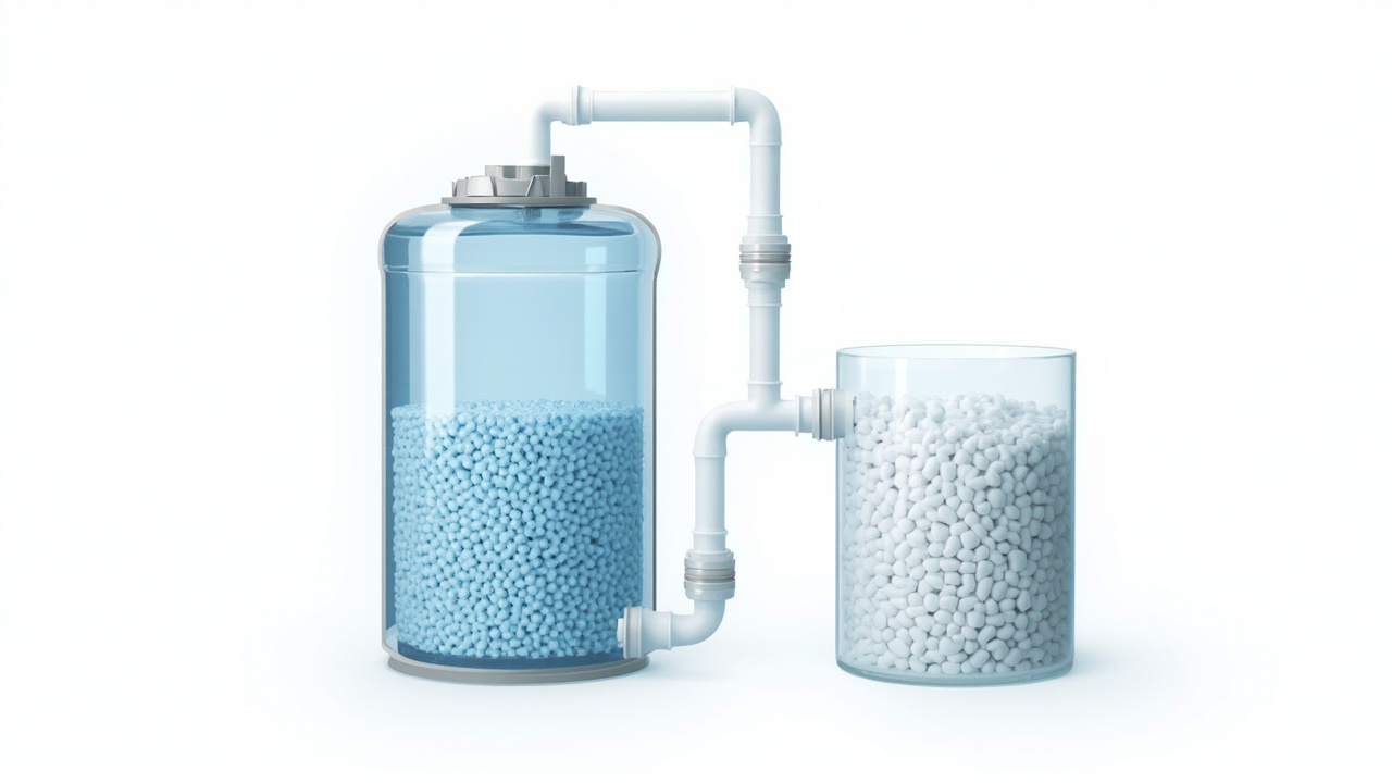 cross-section of a water softener tank showing resin beads and a brine tank with salt pellets