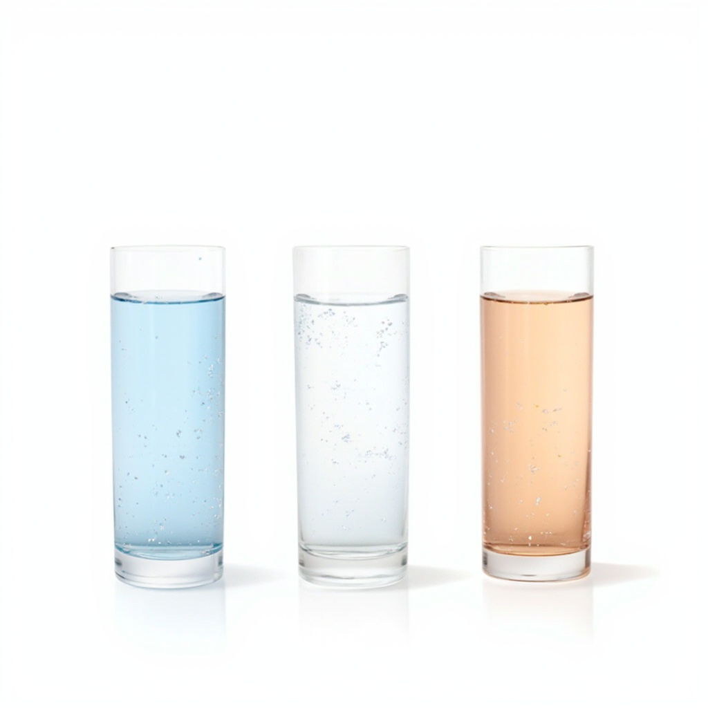 three glasses of water side by side showing clear cloudy and orange tinted water