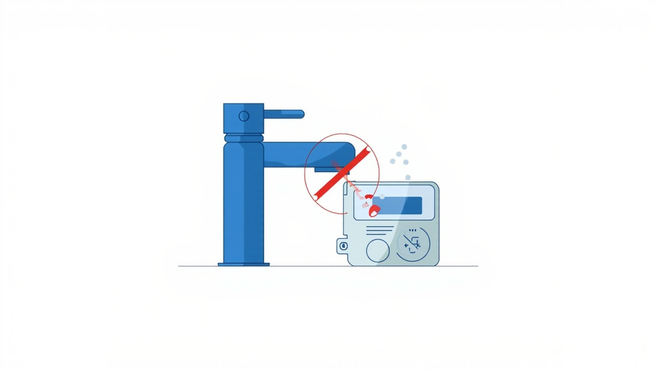 a faucet with a red prohibition circle over a small digital meter device