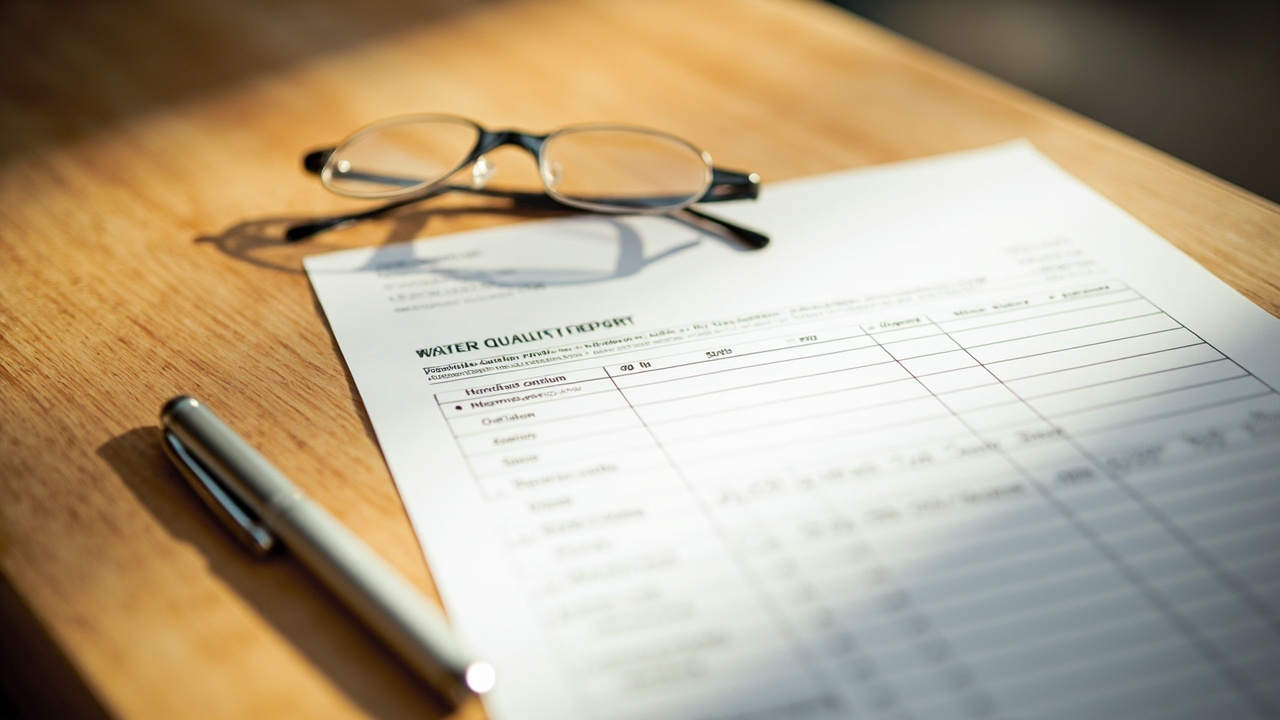 a printed consumer confidence report on a kitchen table with reading glasses and a pen highlighting the hardness row