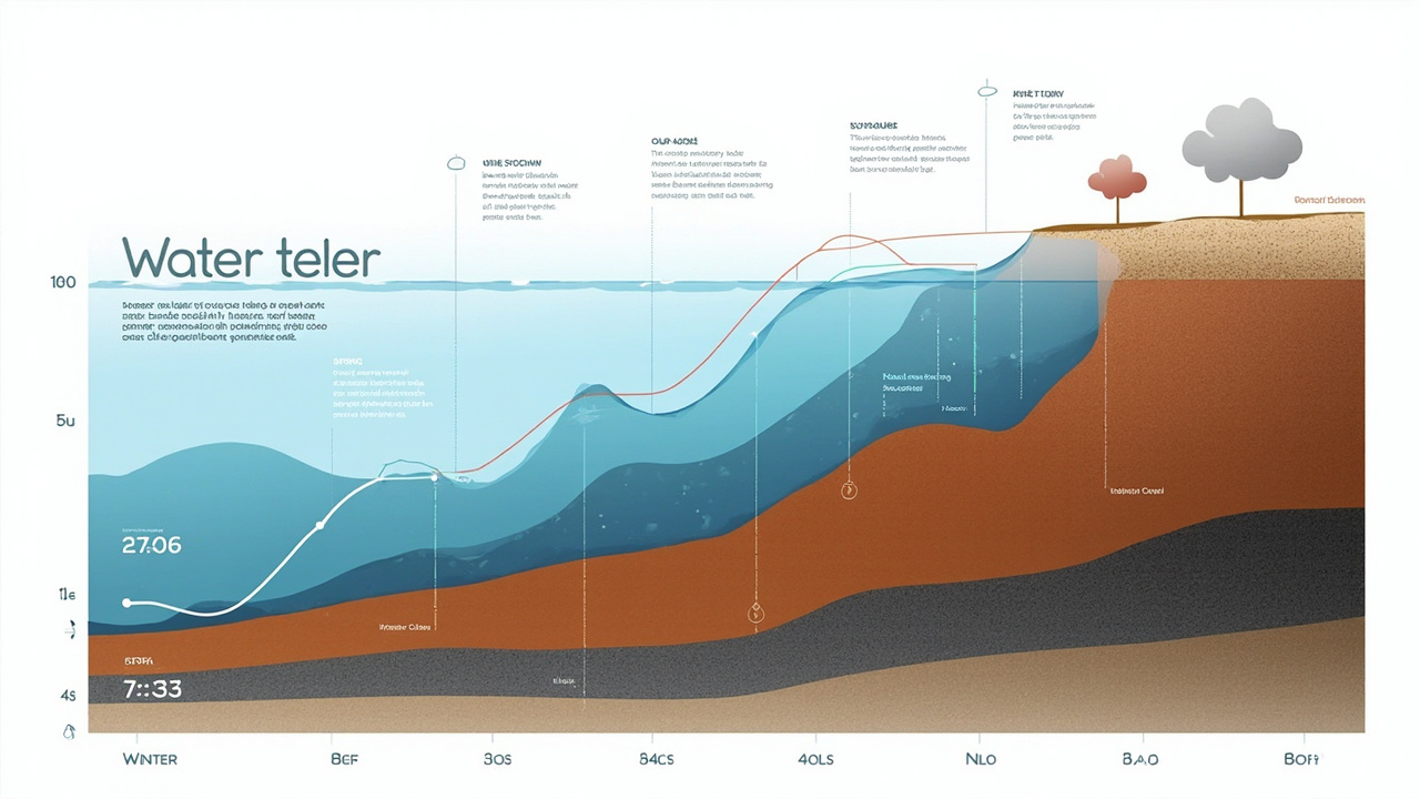 a four-panel diagram showing winter, spring, summer, and fall water tables with rising and falling hardness mineral concentration values
